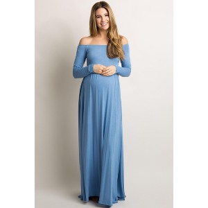 Pinkblush PinkBlush Petite Blue Solid Off Shoulder Maternity Maxi Dress - 1 of 4