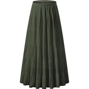 Women's Chiffon High Waist Pleated Maxi Skirt - Flowy A-Line Flared Long Skirt Blackish Green - 1 of 4