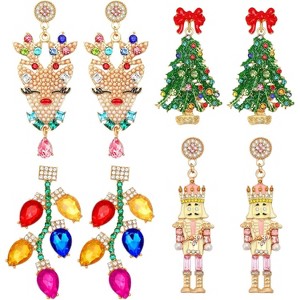 4 Pairs Sparkling Crystal Stud Earrings: Beaded Christmas Tree & Reindeer Designs. - 1 of 4