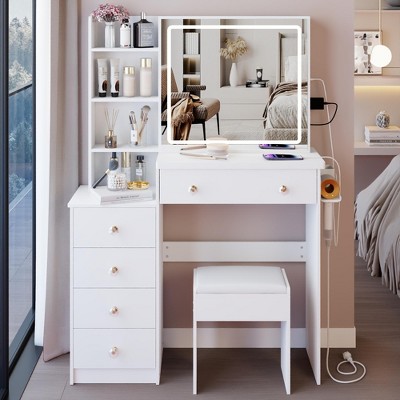 Vanity Desk With Sliding LED Mirror, Touch Control Tri-Color Switching, 2 AC Outlets And 2 USB Ports, Makeup Dressing Table With Cushioned Stool