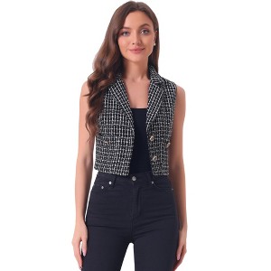 Allegra K Women's Tweed Notched Lapel Vintage Plaid Crop Sleeveless Waistcoat Vest - 1 of 4