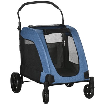 Blue Foldable Pet Stroller with Storage Basket for Medium Dogs