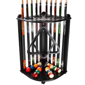 Wooden Corner-Style Floor Stand Billiard Pool Cue Rack with Score Counters, Holds 10 Pool Cue Sticks and Full Set of Pool Balls - 1 of 4