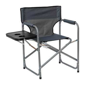 Emma and Oliver Canvas Folding Director's Chair with Accent Trim, Steel Tube Frame-Integrated Folding Side Table with Cupholders