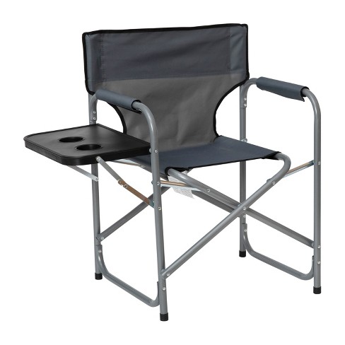 Emma and Oliver Gray Canvas Folding Director s Chair with Black Accent Trim Gray Steel Tube Frame Integrated Folding Side Table with Cupholders