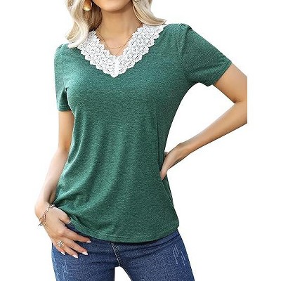 Women's  2025 Lace V Neck Short Sleeve Shirts Summer Casual Tunic Blouse for Women T-Shirts