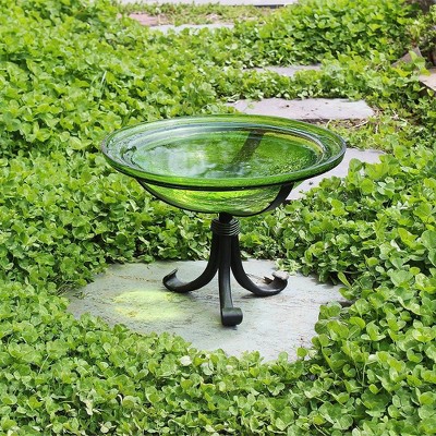 Fern Green Crackle Glass Birdbath with Black Tripod Stand