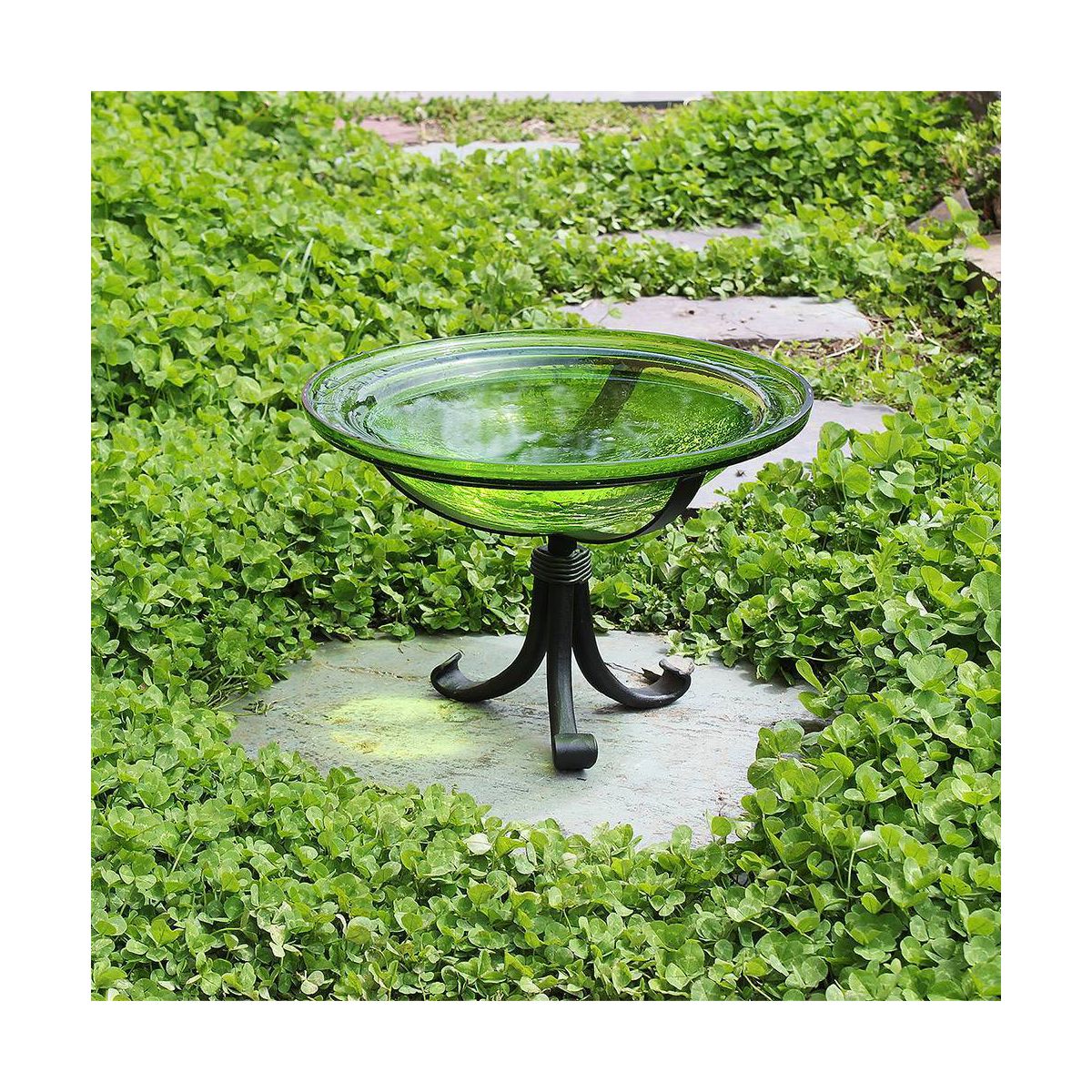 12.75" Reflective Crackle Glass Birdbath Bowl with Tripod Stand Fern Green - Achla Designs - thumbnail 3