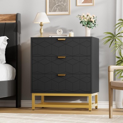 3 Drawer Chest, Wooden Chest of Drawers with Storage Function, Suitable for Wardrobe, Bedroom, Dresser, Modern Nightstand with Gold Handles，Black