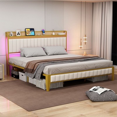 Whizmax Bed Frame with Charging Station, LED Bed Frame with Storage Headboard, Upholstered Platform Bed Frame, Easy Assembly