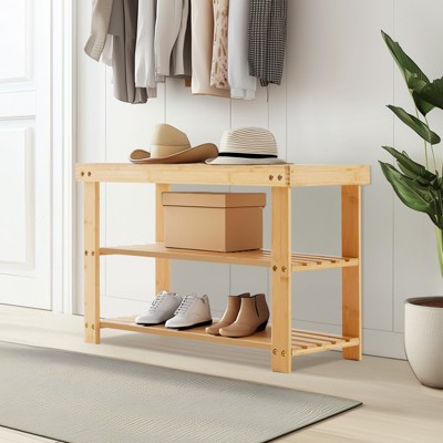 DOMETOUR 3-Tier Bamboo Shoe Rack Bench, Compact Storage Organizer, 286lb Capacity, Suitable for Entryway Bedroom Living Room Balcony