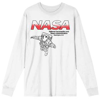 NASA Red and White Logo With Astronaut Men's White Crew Neck Long Sleeve Graphic Tee