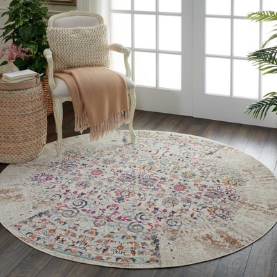 Vintage Kashan 6' Round Ivory Synthetic Easy-Care Rug