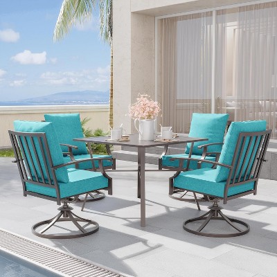 ALAULM Patio Dining Set Outdoor Furniture, Metal Furniture Set Fixed Chairs and Large Table with Umbrella Cutout,for Garden,Porch, Deck, Backyard