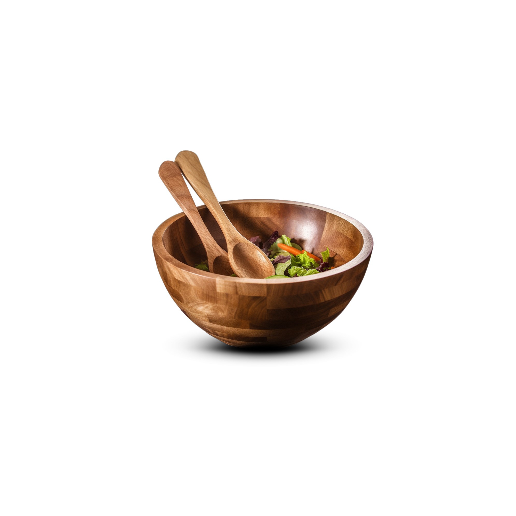 Palm Naki Premium Acacia Wood Salad Bowl and Servers Set - 3 Piece, Elegant Design (10 x 6)