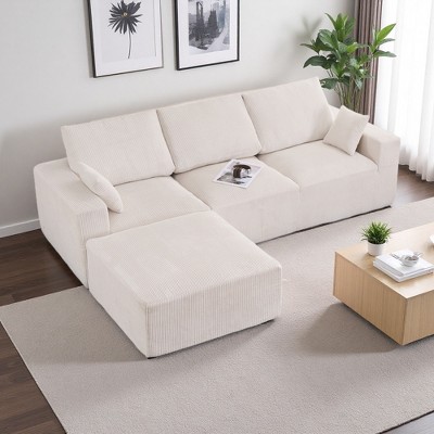 113" Corduroy L-Shaped Modular Boneless Sectional Sofa with Chaise & Ottoman