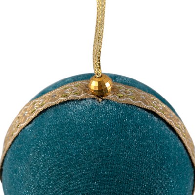 Teal and Gold Velour Christmas Ball Ornament 3.25"