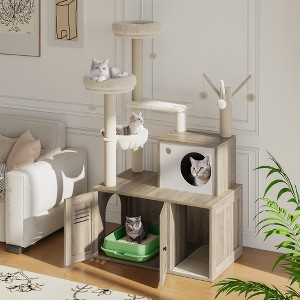 55'' Cat Tree with Litter Box Enclosure, All-in-One Wooden Cat Tower with Scratching Posts & Detachable Teaser Sticks, Cat Furniture for Indoor Cats - 1 of 4