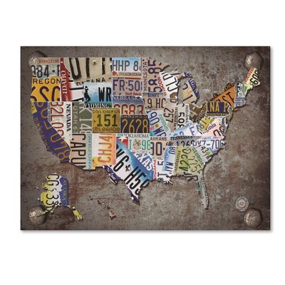 Trademark Fine Art 24" x 18" Masters Fine Art 'Usa License Plate Map On Metal' Canvas Art