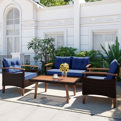 Whisen 4-Piece Patio Seating Set, PE Rattan Outdoor Sofa Set with Wood Table and Legs, Garden Furniture
