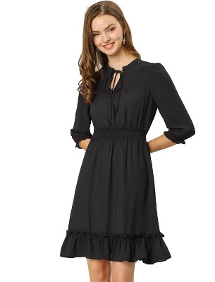 Allegra K Women's Solid Ruffle Hem 3/4 Sleeve A-Line Smocked Short Chiffon Dress