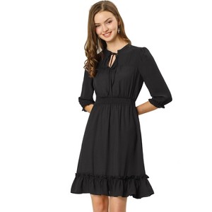 Allegra K Women's Solid Ruffle Hem 3/4 Sleeve A-Line Smocked Short Chiffon Dress - 1 of 4