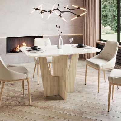 Sapphtopaz Modern Rectangular Dining Table with Painted Glass Top with Wooden Base for Kitchen, Dining Room