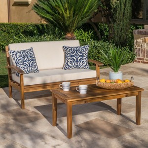 Outdoor Sectional Sofa Set, 2 Pcs Sofa Set with Loveseat and Coffee Table, Loveseat Sofa with Acacia Wood Frame and PE Cushion-Coolbibila - 1 of 4
