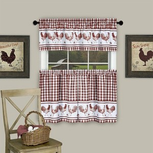 Kate Aurora Country Farmhouse Barnyard Plaid Rooster Kitchen Curtain Tier & Valance Set - 1 of 2