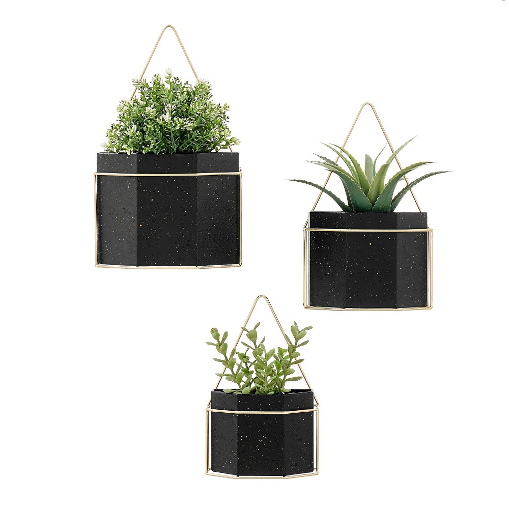 3 Piece Modern Geometric Metal Wall Planters Black/Gold - Danya B.: Indoor/Outdoor, No Assembly Required, Includes Hanging Hardware