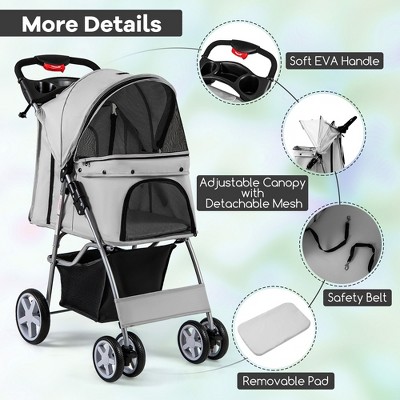 Gray Folding Pet Stroller with Mesh Windows and Storage Basket