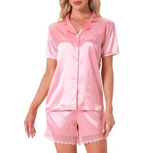 INSPIRE CHIC Women's Satin Silky Button Down Short Sleeve and Shorts with Lace Trim 2 Pcs Pajamas Set - 1 of 4
