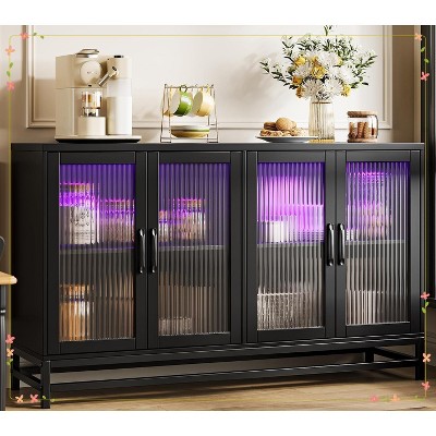 55" Modern Sideboard Buffet with Power Outlet & LED Lights - 4-Door Storage Cabinet with Adjustable Shelves