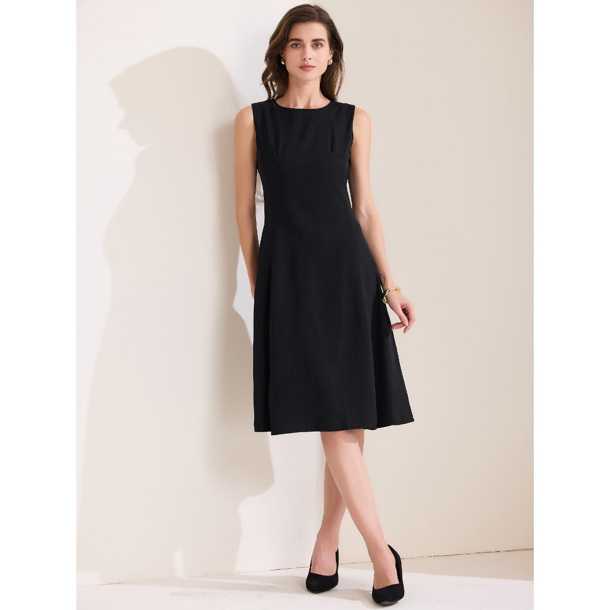 Женские платья INSPIRE CHIC Women's Work Crew Neck Sleeveless with Pockets A-Line Midi Tank Dress Black X-Small — фото 5