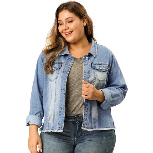 Agnes Orinda Women Plus Size Classic Denim Denim Casual Jacket Blue 1X