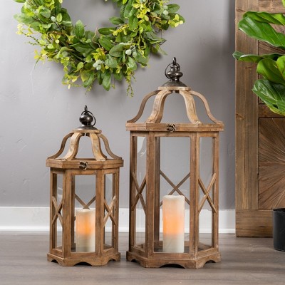 Rustic Natural Wood and Iron Hanging Candle Lantern Set