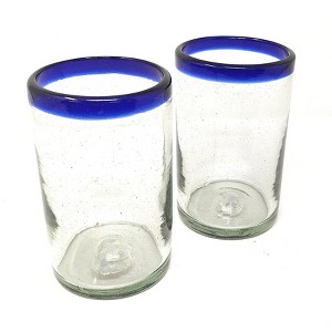 Dos Sueños Mexican Hand Blown Drinking Glasses - Blue Rim - 14oz - Set of 2 - 1 of 4