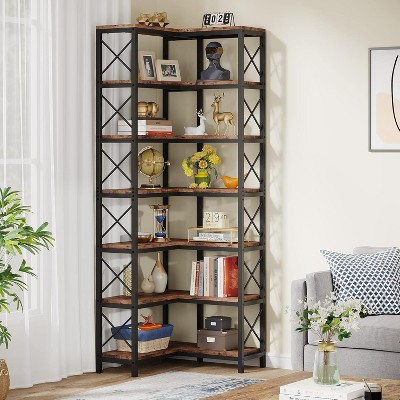 Hommoo 78.7”Tall 7 Tier Industrial Corner Bookshelf Brown