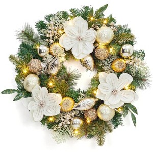 24 Inch PVC Christmas Wreath, White Pine Magnolia Garland for Front Door, Fireplace and Table, Floral Pine Needle Ball Decoration - 1 of 4