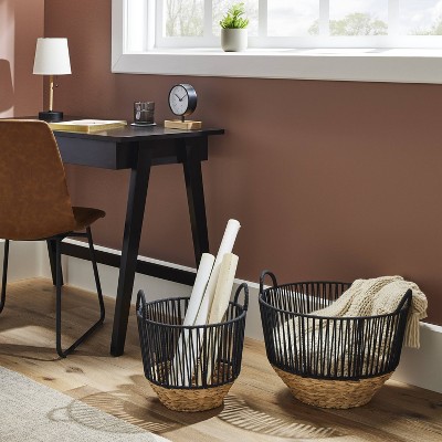 Large Water Hyacinth and Black Cotton Rope Round Basket