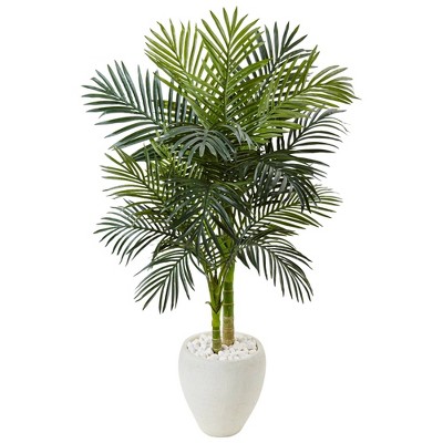 4.5ft Artificial Golden Cane Palm Tree in White Oval Planter - Nearly Natural