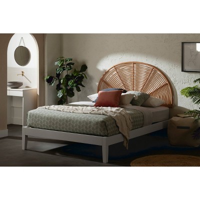 Queen White and Natural Wood Bohemian Bed with Rattan Headboard
