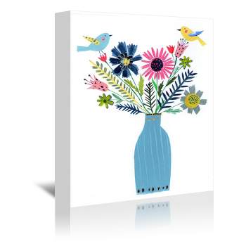Americanflat Kids Botanical Tall Blue Vase Flowers & Birds By Liz And Kate Pope Wrapped Canvas