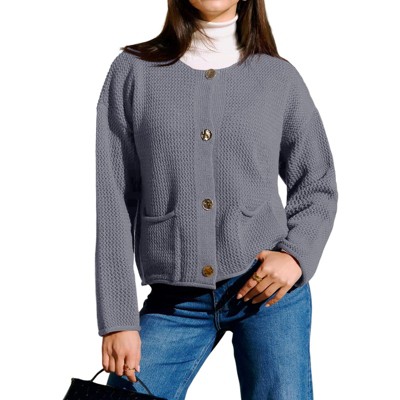 Women's Cew Neck Button Down Cardigans Cropped Long Sleeve Shrugs with Pockets