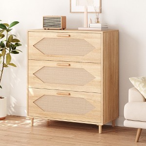Rattan Dresser with 3 Drawers, Rustic Oak Storage Cabinet for Bedroom, Modern Wood Chest of Drawers for Hallway, Living Room, Entryway - 1 of 4