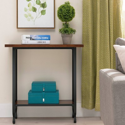 Mission Oak and Black Metal Console Table with Storage