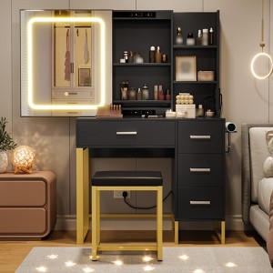 Modern Vanity Desk,Makeup Vanity Desk with Sliding Lighted Mirror, Power Outlet,with 4 Drawers,5 Storage Shelves,Cushioned Stool for Bedroom-Black - 1 of 4
