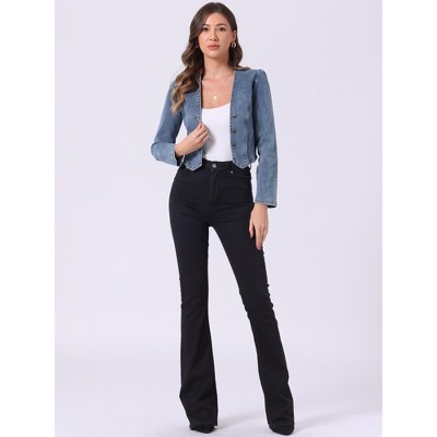 Allegra K Women's Collarless Open Front Casual Crop Denim Jackets Large Dusty Blue — фото 4