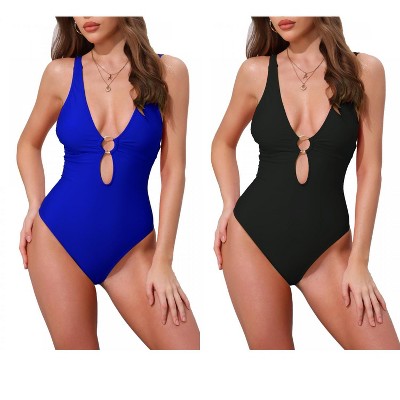 INSPIRE CHIC Women's O Ring Cut Out Deep V Monokini Bikini Suit 2 Sets