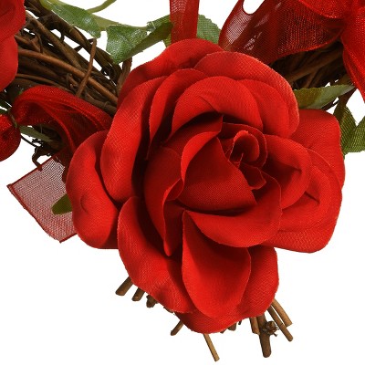 16" Red Rose Heart Wreath with Green Leaves and Ribbon